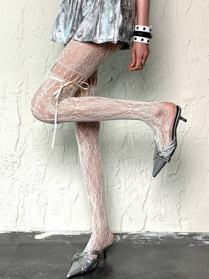 White Y2K Self-tie Straps Hollow-out Design Tights