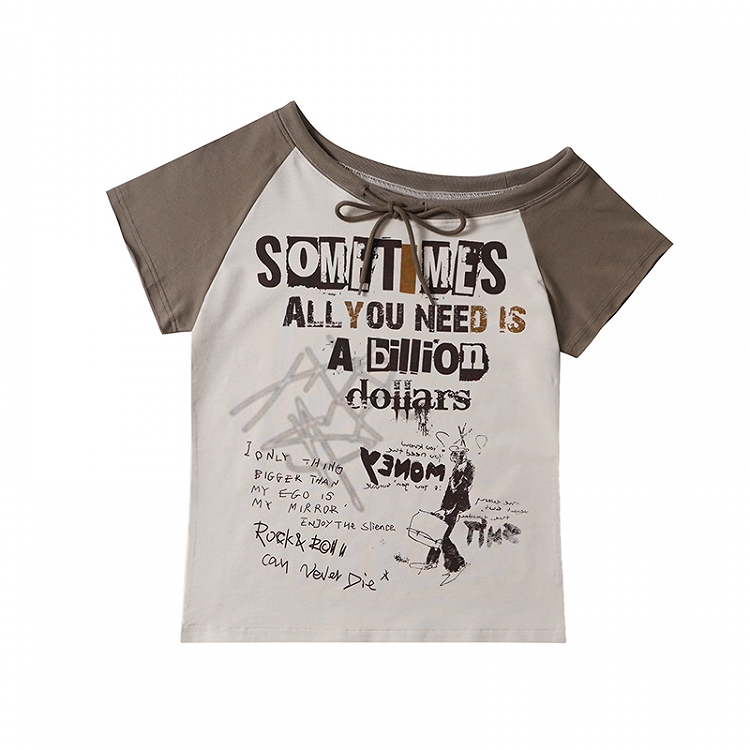 Self-tie Asymmetrical Neckline Gray/Apricot Colorblock Design Graphic T-shirt