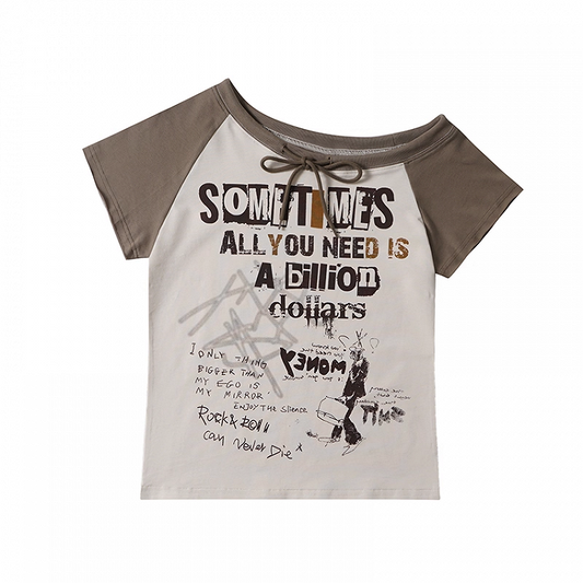 Self-tie Asymmetrical Neckline Gray/Apricot Colorblock Design Graphic T-shirt