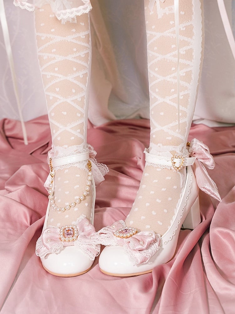White&Pink Beaded And Rhinestone Decorated Bow at Top Lace Trim Mary Janes With Detachable Beaded Chain