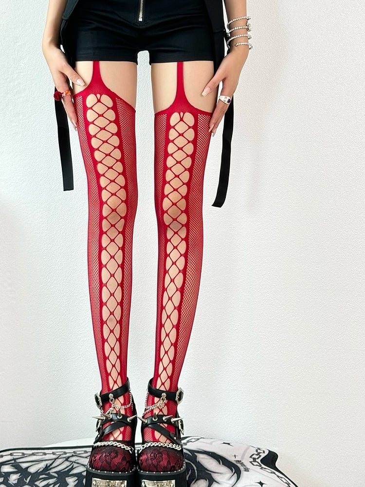 Red/Black Y2K Cut-out Design Suspender Stockings