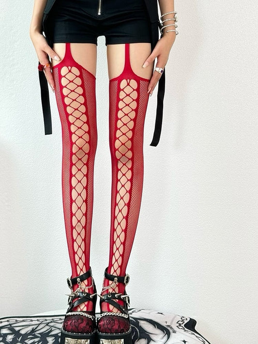 Red/Black Y2K Cut-out Design Suspender Stockings