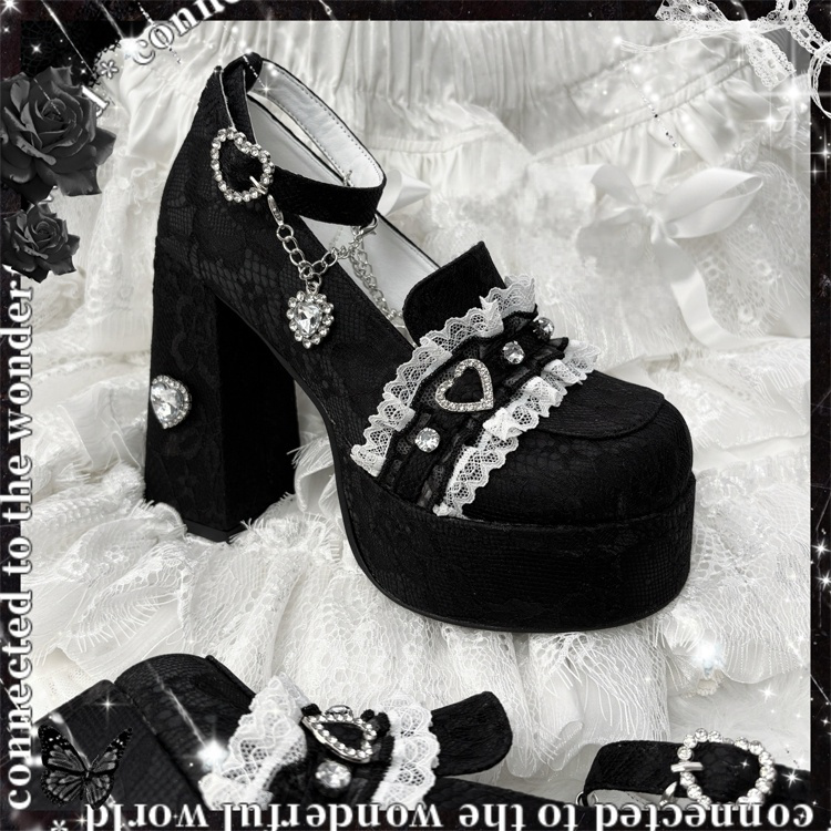 Jirai Kei Black Lace Platform Heels: 12cm Chunky Block Heel with Heart Rhinestone Chain & Buckle Ankle Strap