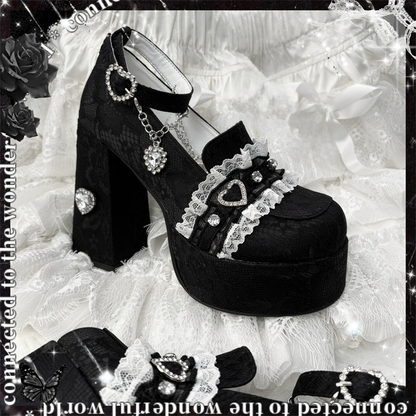 Jirai Kei Black Lace Platform Heels: 12cm Chunky Block Heel with Heart Rhinestone Chain & Buckle Ankle Strap
