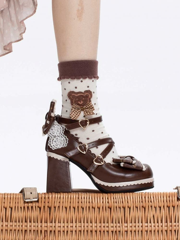 Brown Crisscross Design Heart Buckles Detachable Bow at Top High Block Heels