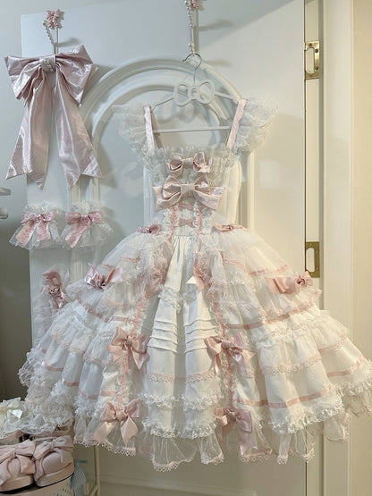 White and Pink Sweet Bow Accents Princess Lolita Jumper Skirt