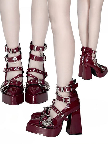 Gothic Wine Red Cross Heart Buckle Straps Stud Platform High Block Heels