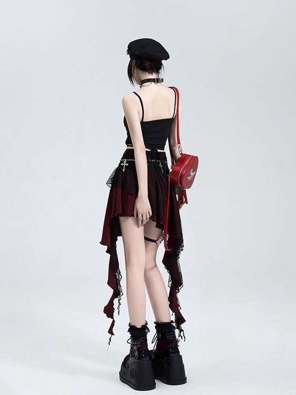 Lace Panel Irregular Hem Plaid Skirt Black and Red/Black and Pink Music Festival Outfits