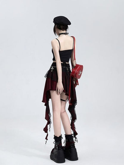 Lace Panel Irregular Hem Plaid Skirt Black and Red/Black and Pink Music Festival Outfits