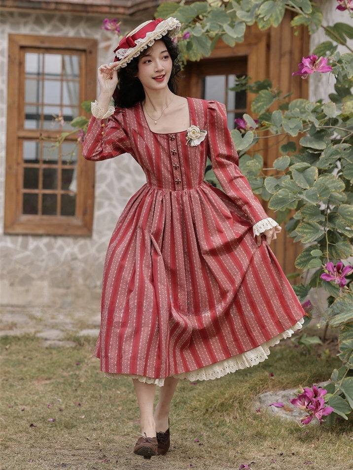 Red Vintage Striped Pattern Lace Trim Square Neckline Dress
