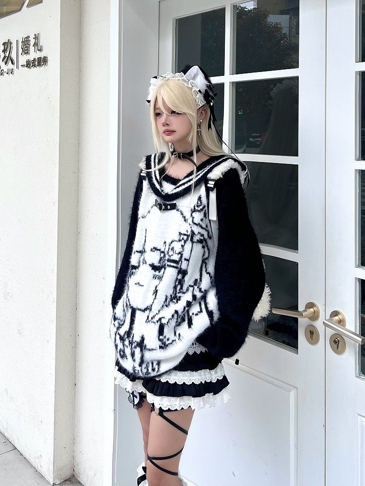 Black/Blue/Pink Sailor Collar Plush Sweater with Cartoon Girl Design - Oversized Fit