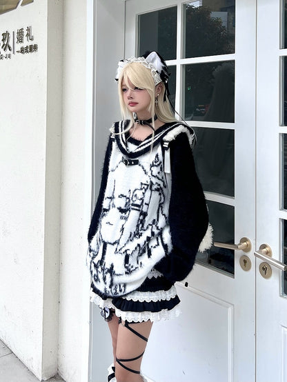 Black/Blue/Pink Sailor Collar Plush Sweater with Cartoon Girl Design - Oversized Fit