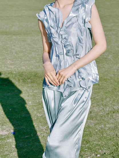 Vintage Blue Moon Light Cascading Ruffle Accents Top/Straight-leg Cut Pants