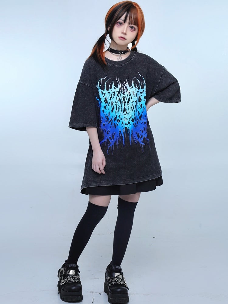 Black Jirai Kei Faded Wash Design Round Neck T-shirt