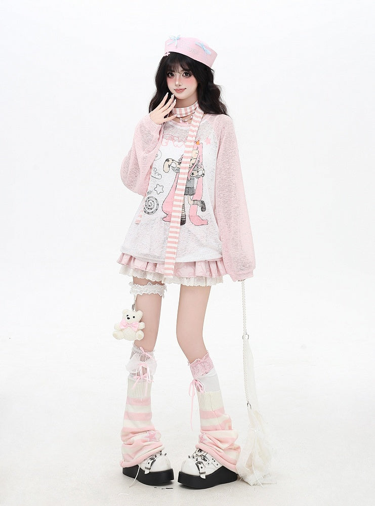 Cartoon Girl Print Black/Pink/Blue Colorblock Design Semi-sheer Coverup