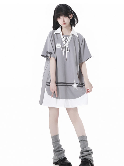 Gray Lace-up Neckline Bunny and Star Applique Loose Dress