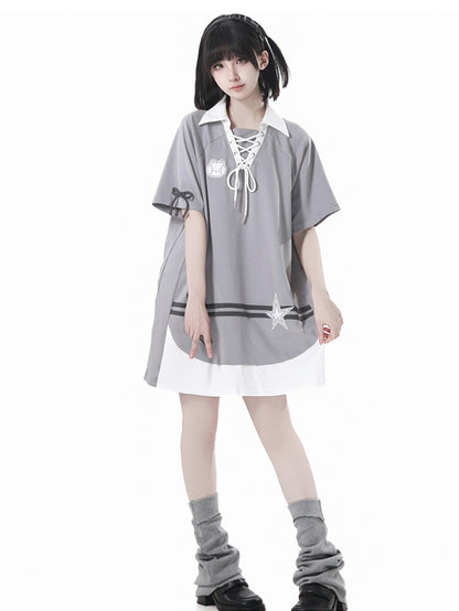 Gray Lace-up Neckline Bunny and Star Applique Loose Dress