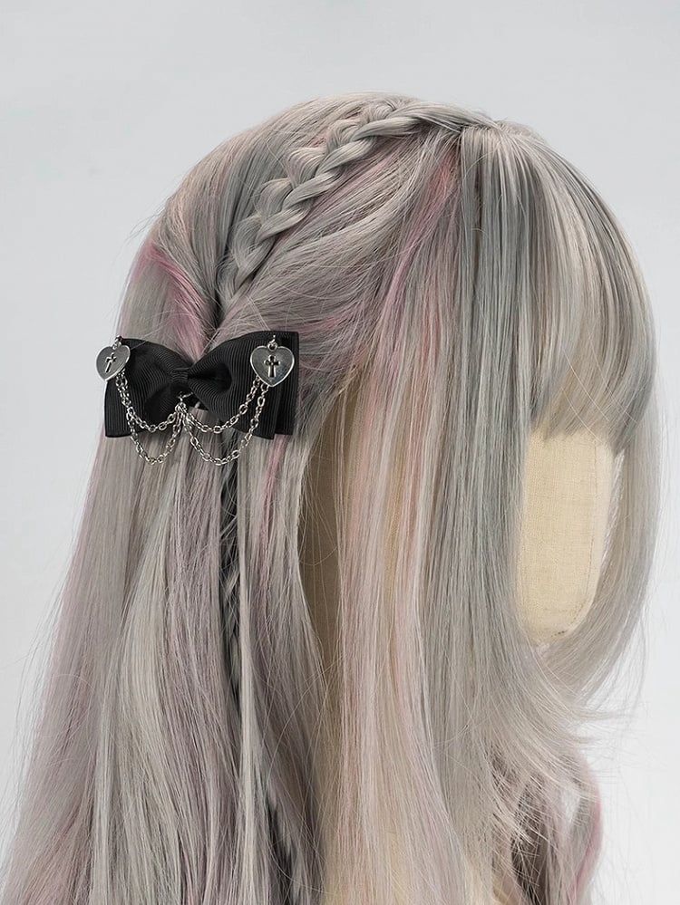 Black/Dusty Pink/White Gothic Cross Hearts Jirai Kei Bowknot Hairclips with Chains