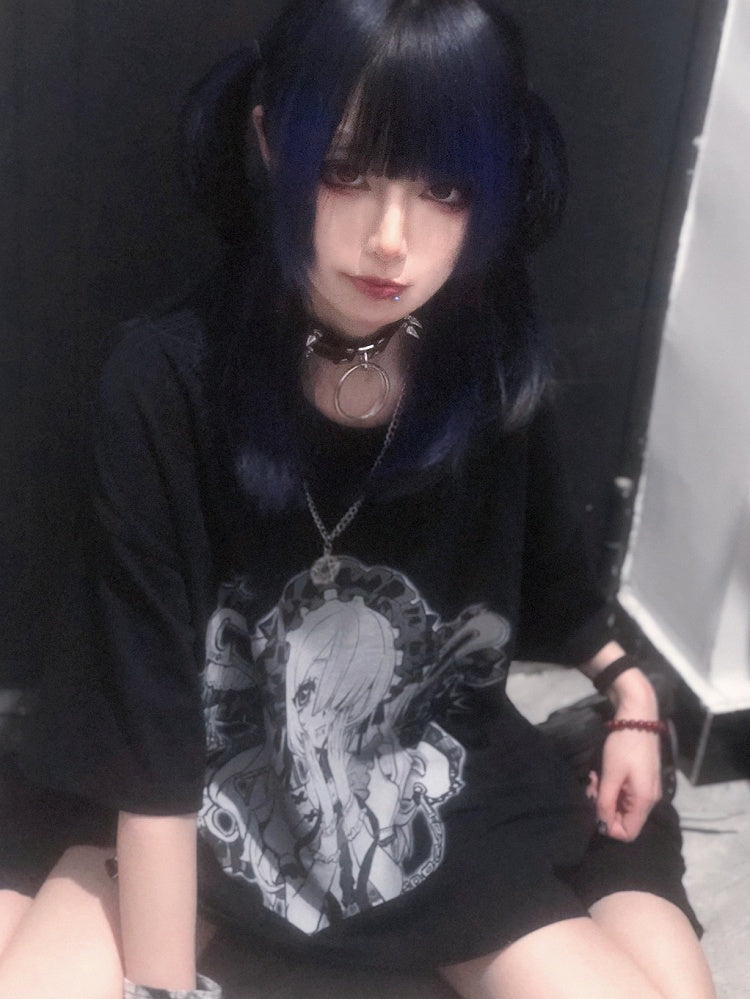 Black&White Jirai Kei Cartoon Girl Print Round Neck T-shirt