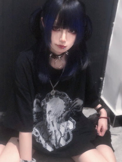 Black&White Jirai Kei Cartoon Girl Print Round Neck T-shirt