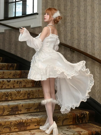 White Satin Shiro Lolita Dress with Detachable Balloon Sleeves and Train