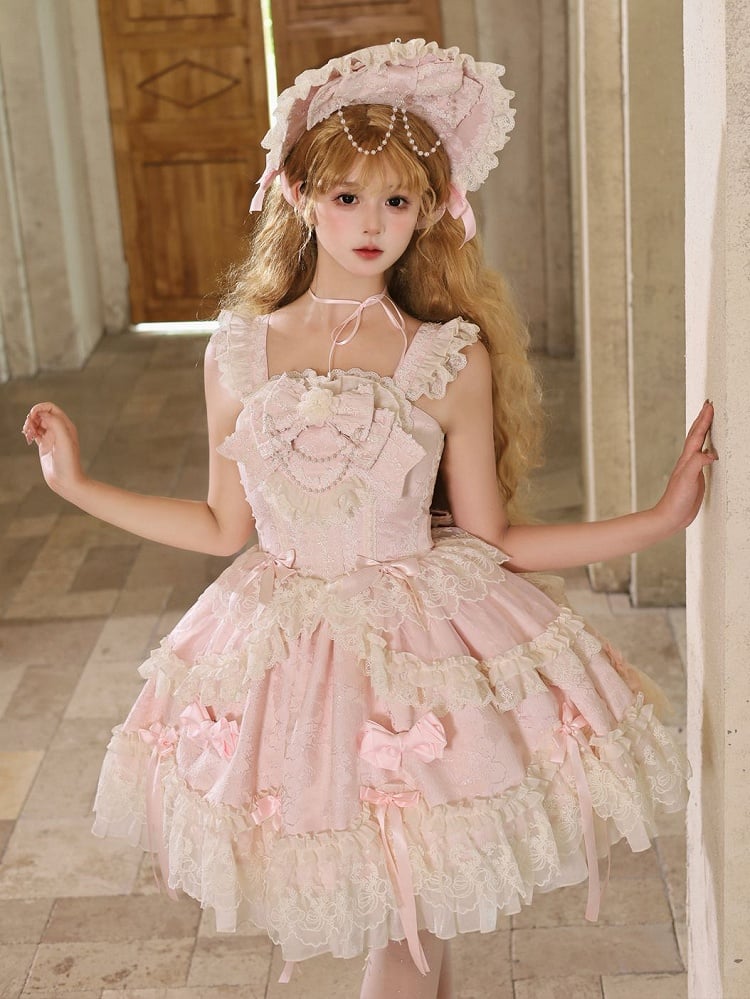 Pink Jacquard Fabric Sweet Bow Accents Dress Lolita Jumper Skirt