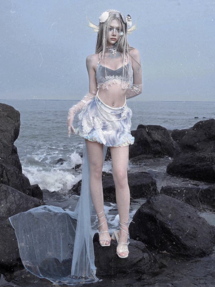 Fairy Goth Bead and Sequin Details Skirt with Detachable Tulle Train