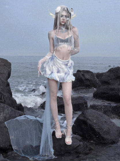 Fairy Goth Bead and Sequin Details Skirt with Detachable Tulle Train