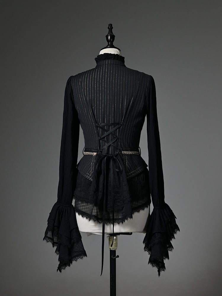 Black Jabot Ruffle Neckline Cadcading Ruffle Cuffs Long Sleeves Ouji Lolita Top
