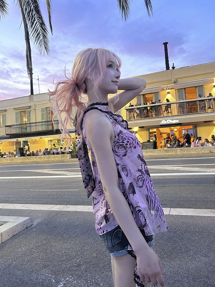 Gyaru Fashion Pink Leopard and Rose Print Cascading Ruffle Self-tie Halter Top