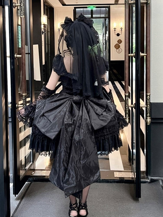 White/Black Tiered Tulle Lolita Train