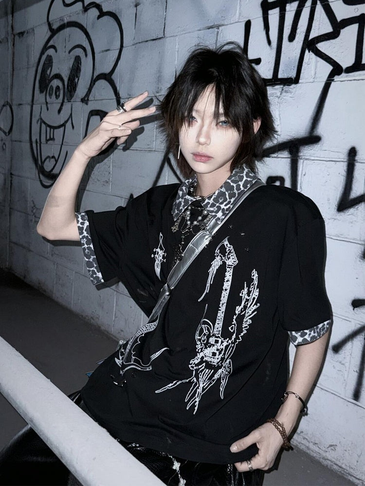 Y2K T-Shirt with Leopard Patchwork and Cross Print