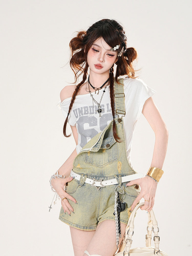 Blue Faded Wash Distressed Holes Denim Overalls Wide-leg Shorts