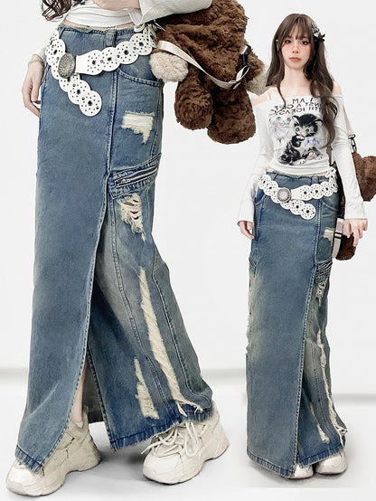 Blue Distressed Holes Details Slit Denim Skirt