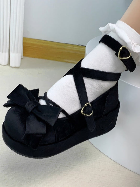 Bow Accents, Crisscross Details & Adorable Buckle Velvet Black Platform Shoes in Sweet Lolita