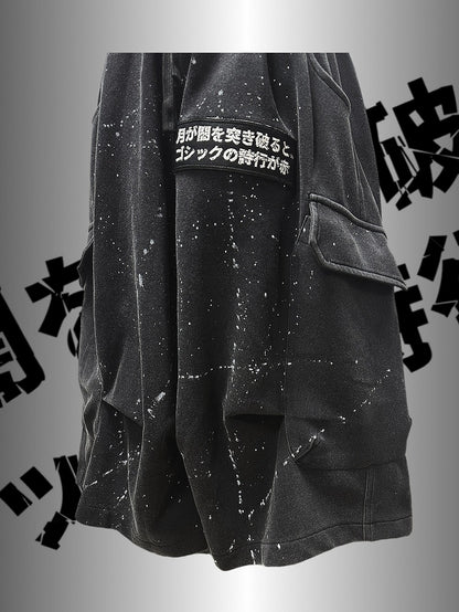 Black Asymmetrical Print Design Wasteland Punk Wide-Leg Cargo Pants