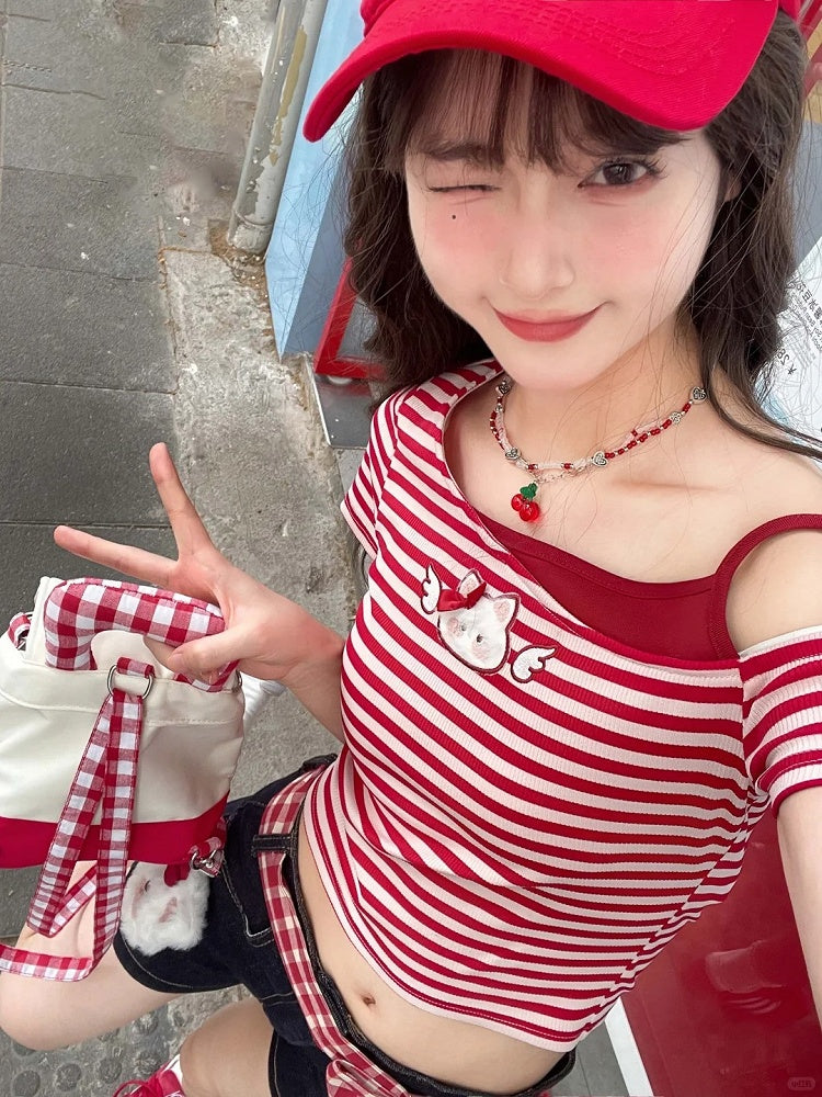 Dark Blue Straight-leg Denim Shorts with Kitty Plushie and Red Plaid Waist Accessory