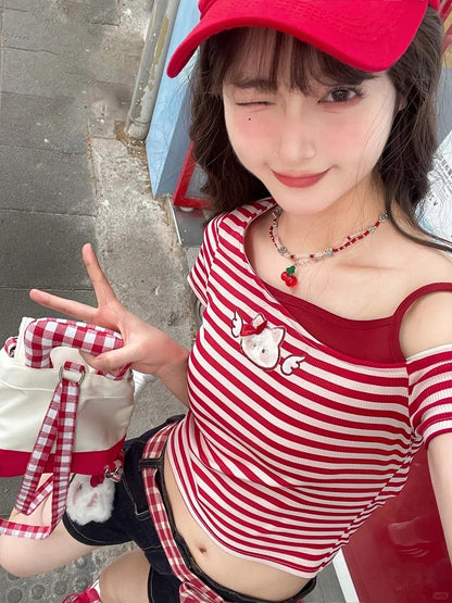 Dark Blue Straight-leg Denim Shorts with Kitty Plushie and Red Plaid Waist Accessory