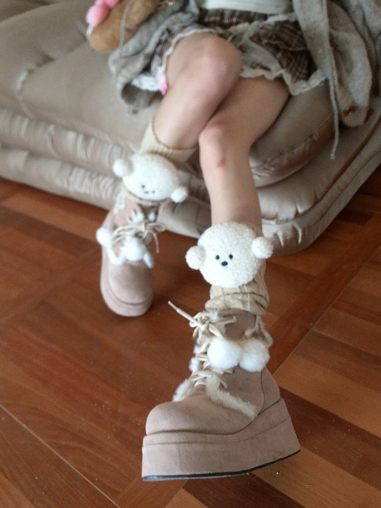 White/Khaki/Light Grey/Coffee Knitted Leg Warmers With Puppy Plushie