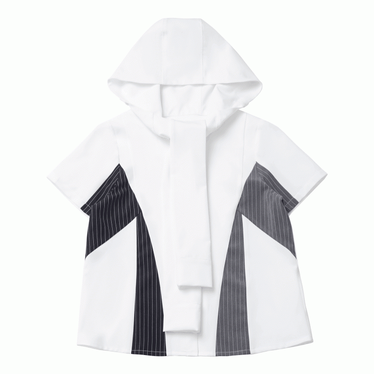 Black and Gray Striped Colorblock Design Techwear Necktie Design Hooded Shirt with Kitty Plushie