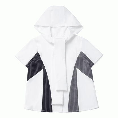 Black and Gray Striped Colorblock Design Techwear Necktie Design Hooded Shirt with Kitty Plushie