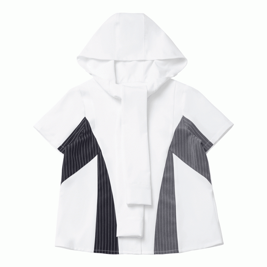 Black and Gray Striped Colorblock Design Techwear Necktie Design Hooded Shirt with Kitty Plushie