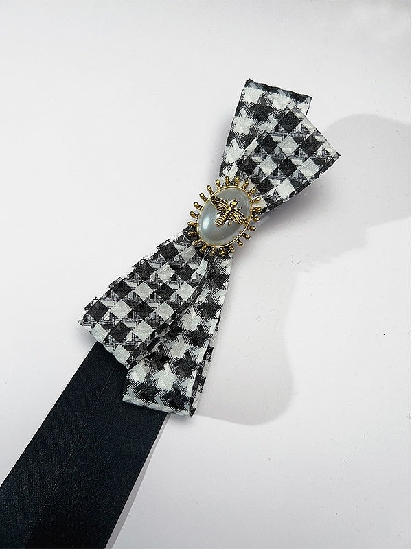 Black Bee And Beaded Decorated Houndstooth Pattern Bowknot Design Neck Tie