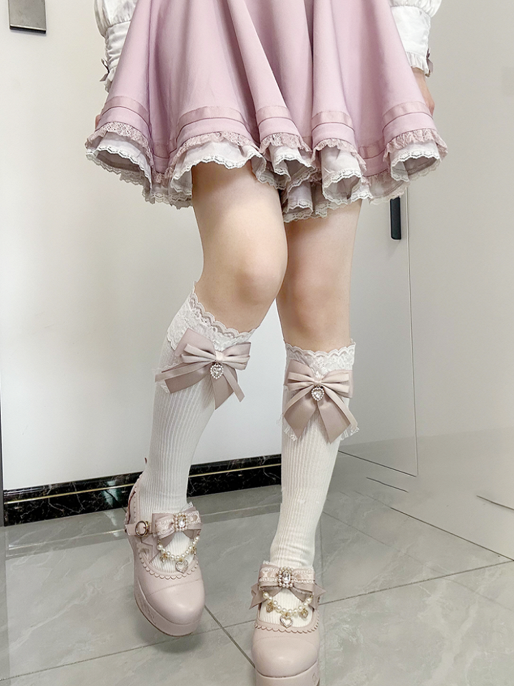 Dusty Pink Bow Detail Front Heart Rhinestone Jirai Kei Under Knee Stockings