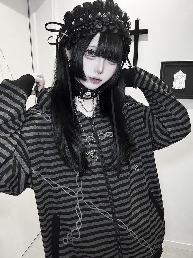 Black & Gray Stripes Zip-up Hooded Jacket for Autumn with Cross Chain Print