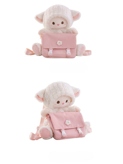 White Plush Lamb Backpack And Detachable Pink Canvas Bag Set