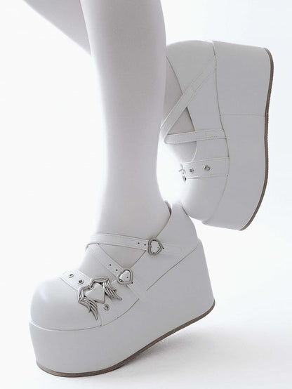 White Y2K Crisscross Design Wings Decorated Heart Buckles Platforms