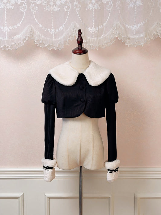 Black Juliette Sleeves Lolita Cropped Coat with White Faux Fur Collar and Cuffs