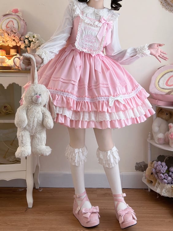 Teddy and Cake Embroidery Bodice Pink Sweet Lolita Dress