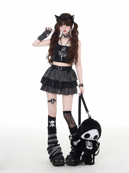 Gray Distressed Holes Lined Tiered Skirt